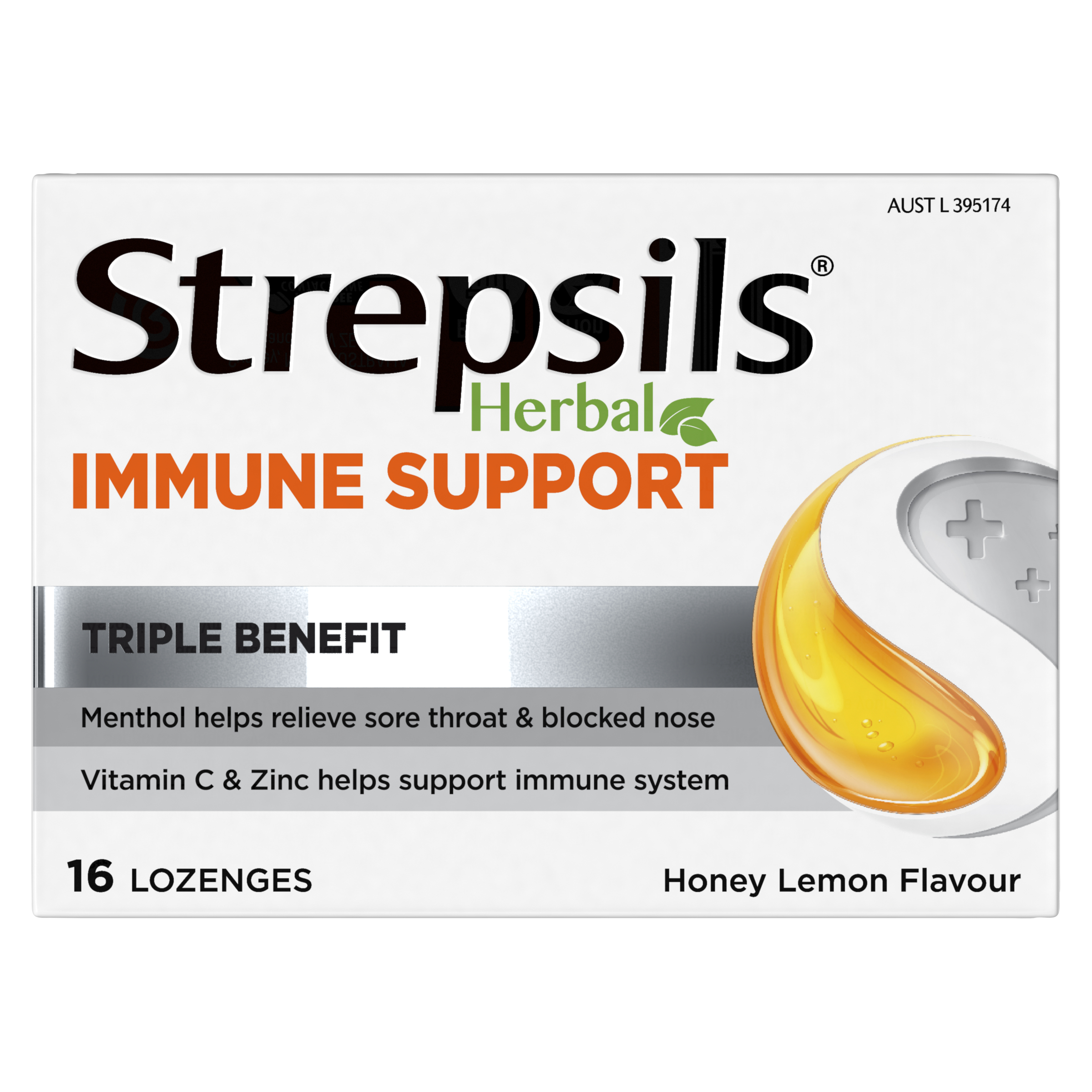 Strepsils Herbal Immune Support Honey Lemon 16 Lozenges - Image 1