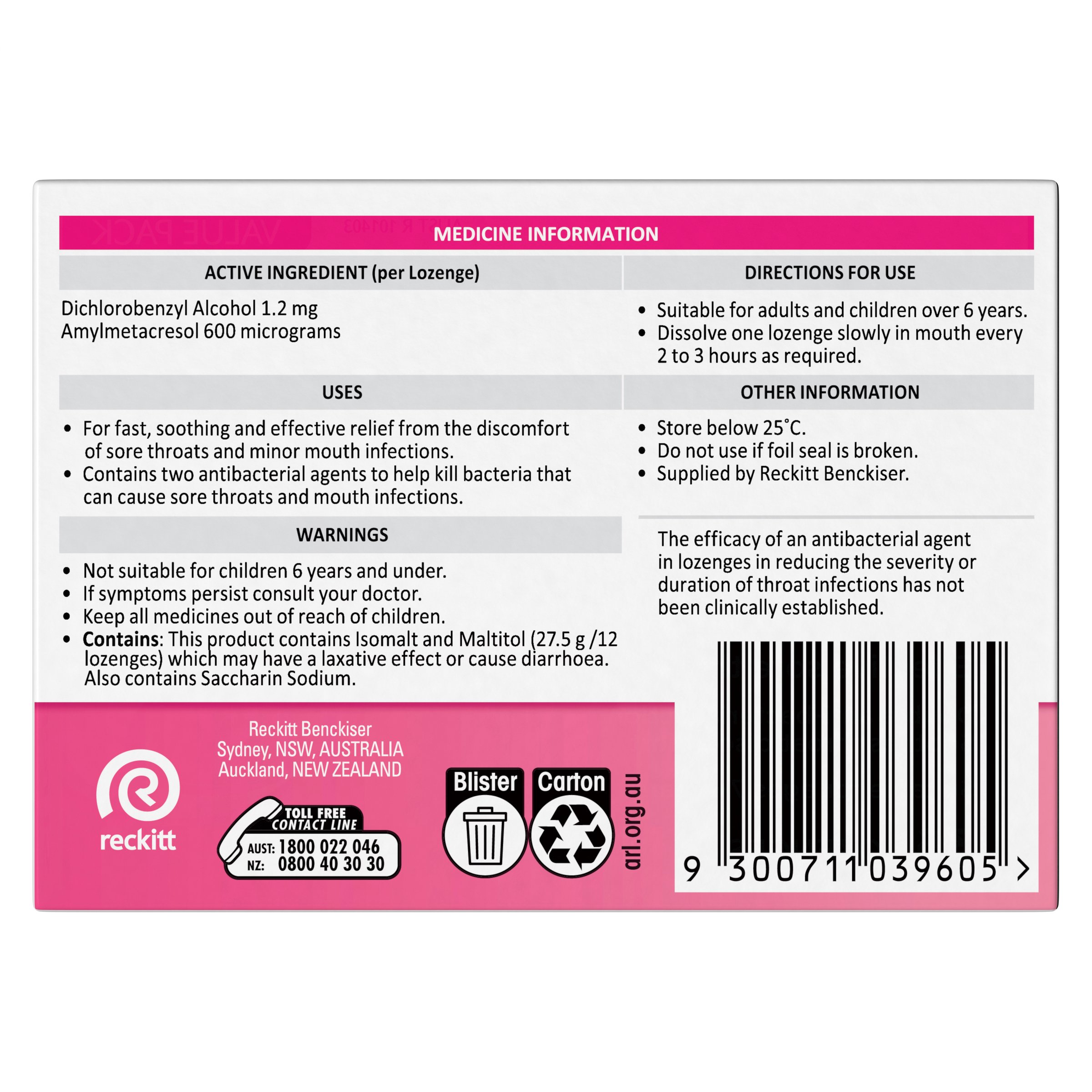 Strepsils Sugar Free Double Antibacterial Action Strawberry 36 lozenges - Image 2