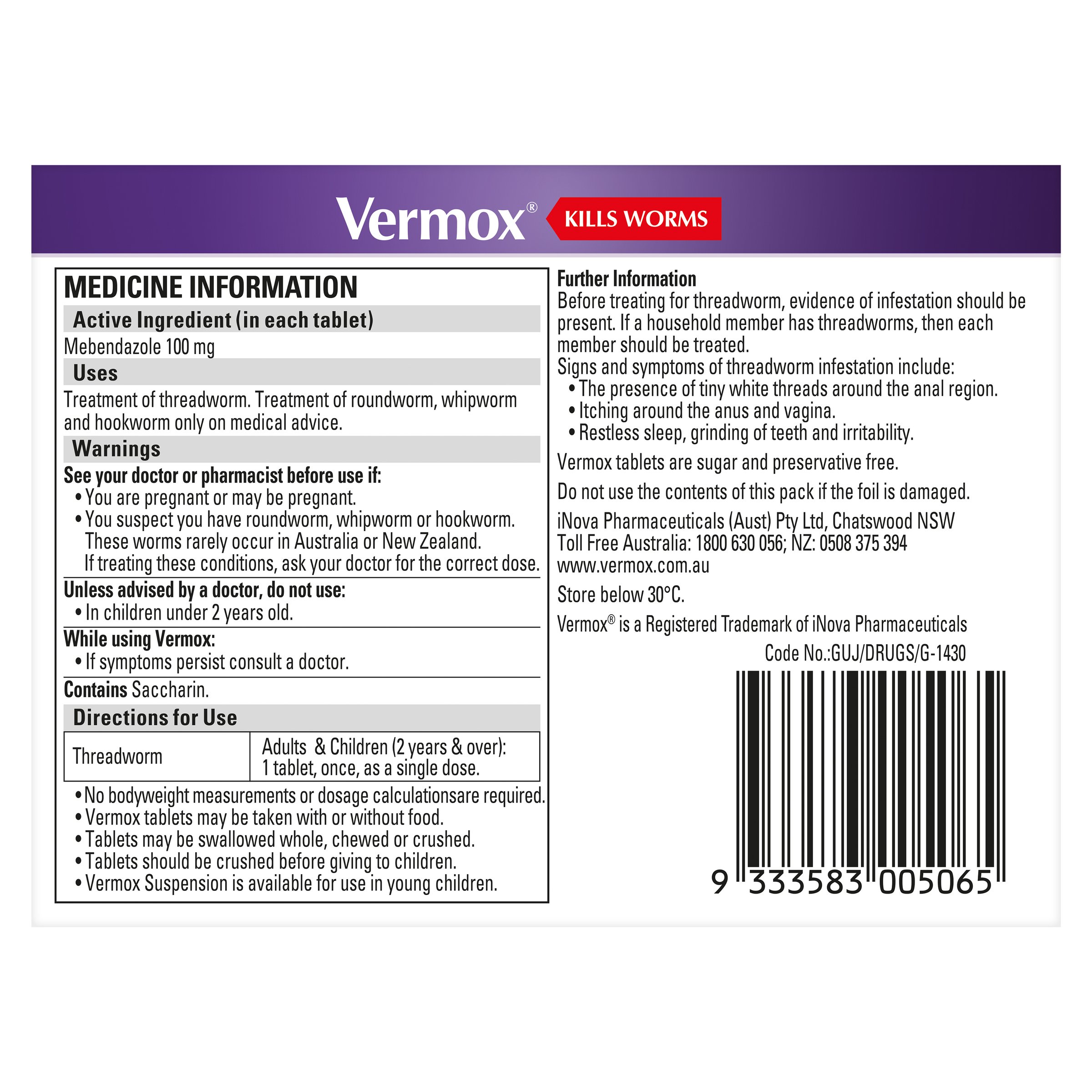 Vermox Treatment For Threadworm Orange Flavoured 6 Tablets - Image 2
