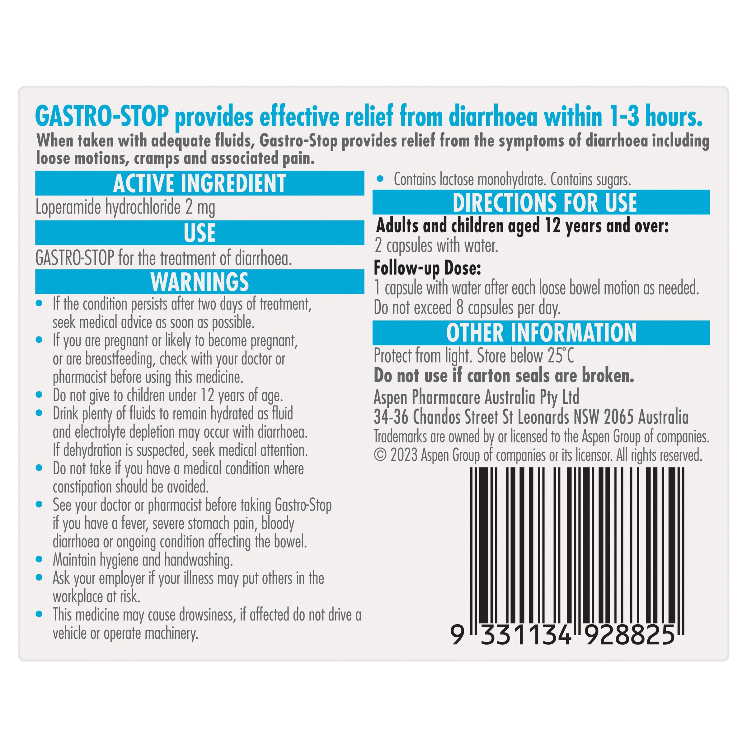Gastro-Stop Diarrhoea Relief Loperamide 2mg - 12 capsules - Image 2
