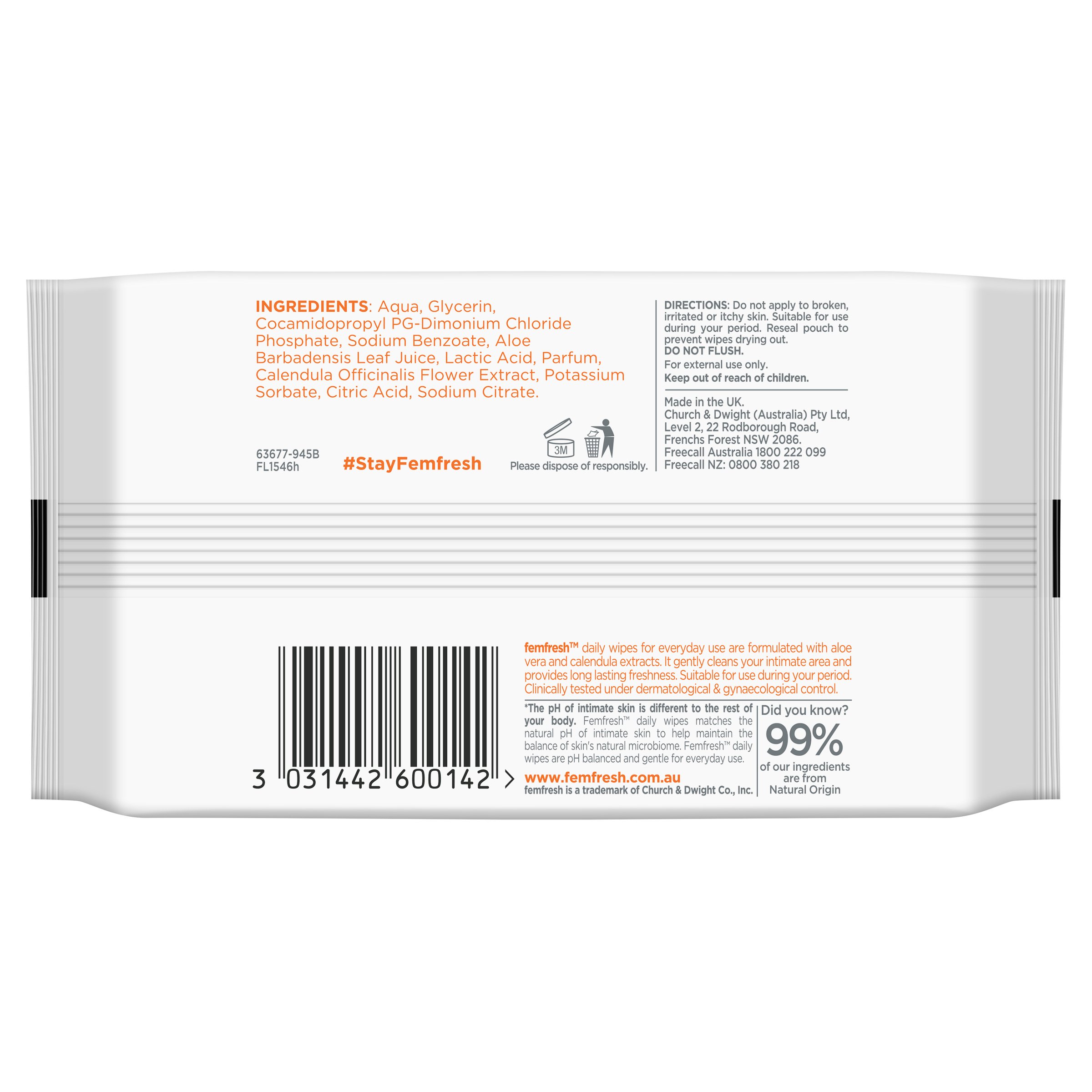Femfresh Intimate Hygiene Cleansing Wipes 20 pack - Image 2