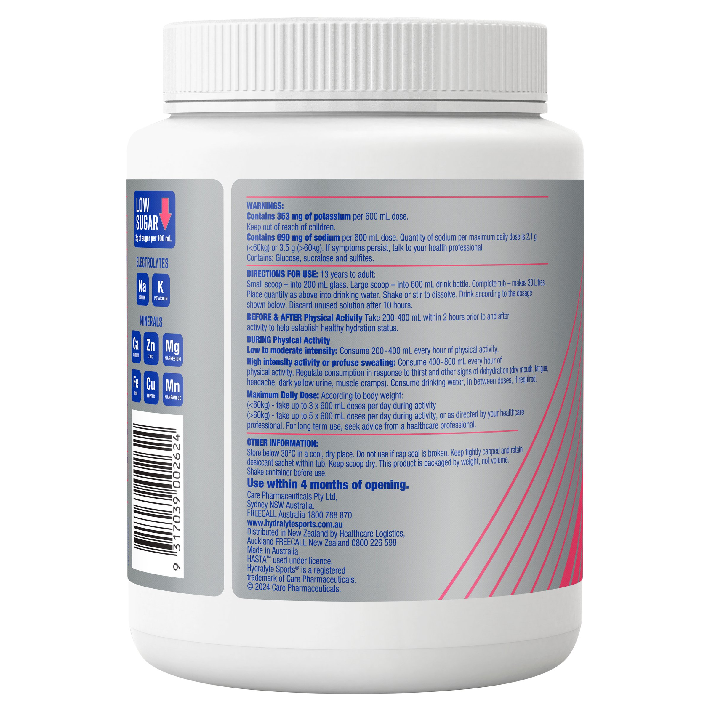 Hydralyte Plus Sports Watermelon Rush Flavoured Powder Tub 900g - Image 2