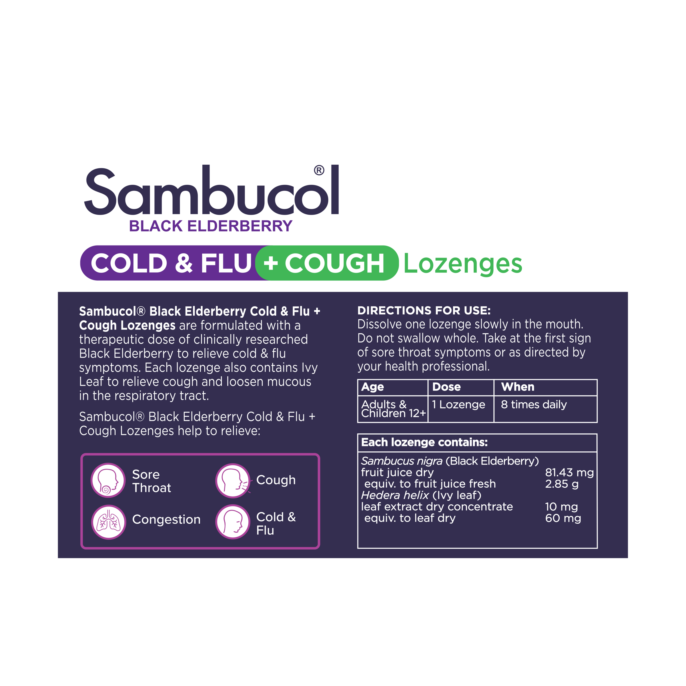 Sambucol Cold & Flu + Cough Medicated Liquid Center 24 Lozenges - Image 2