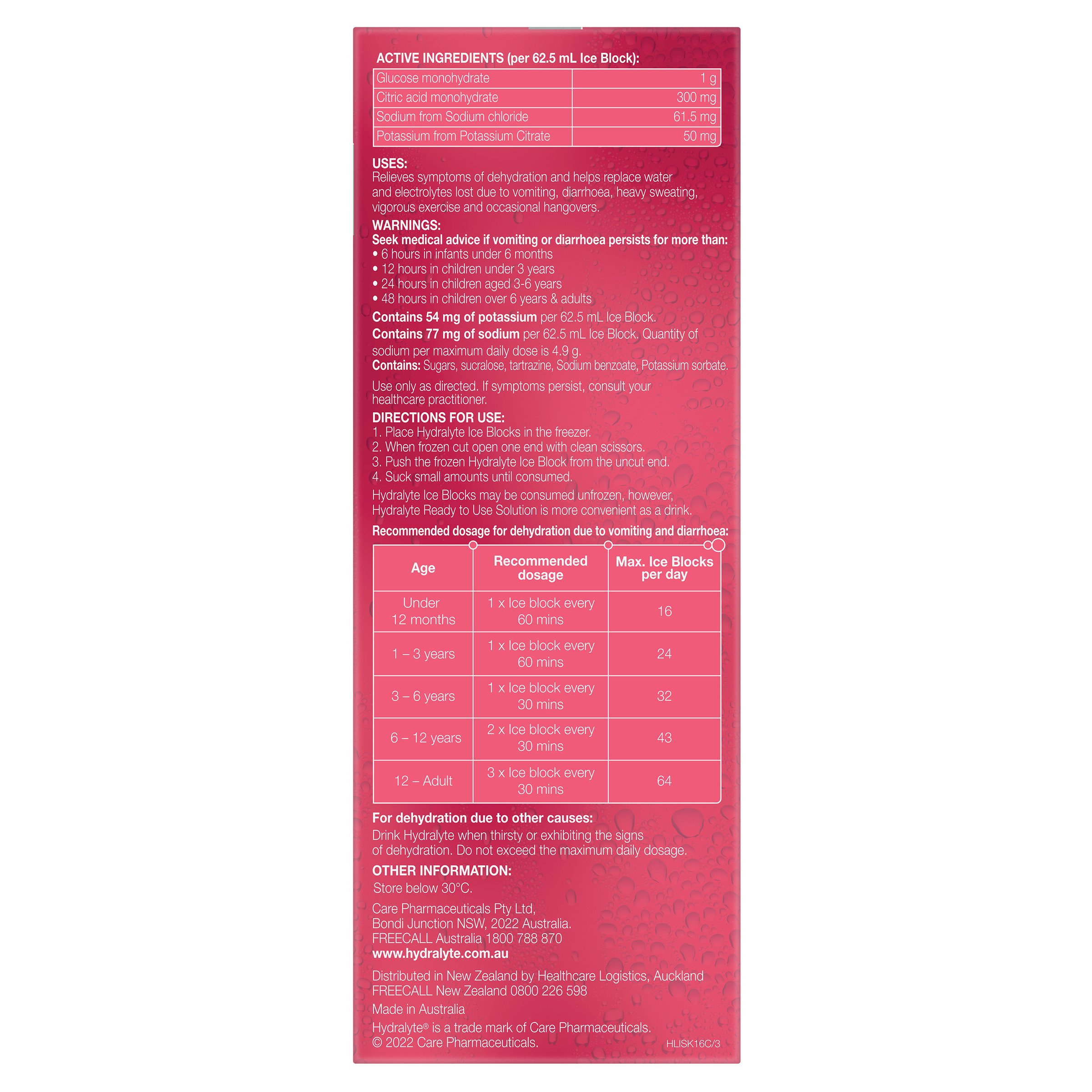 Hydralyte Electrolyte Ice Blocks Strawberry Kiwi Flavoured 62.5ml - 16 pack - Image 3