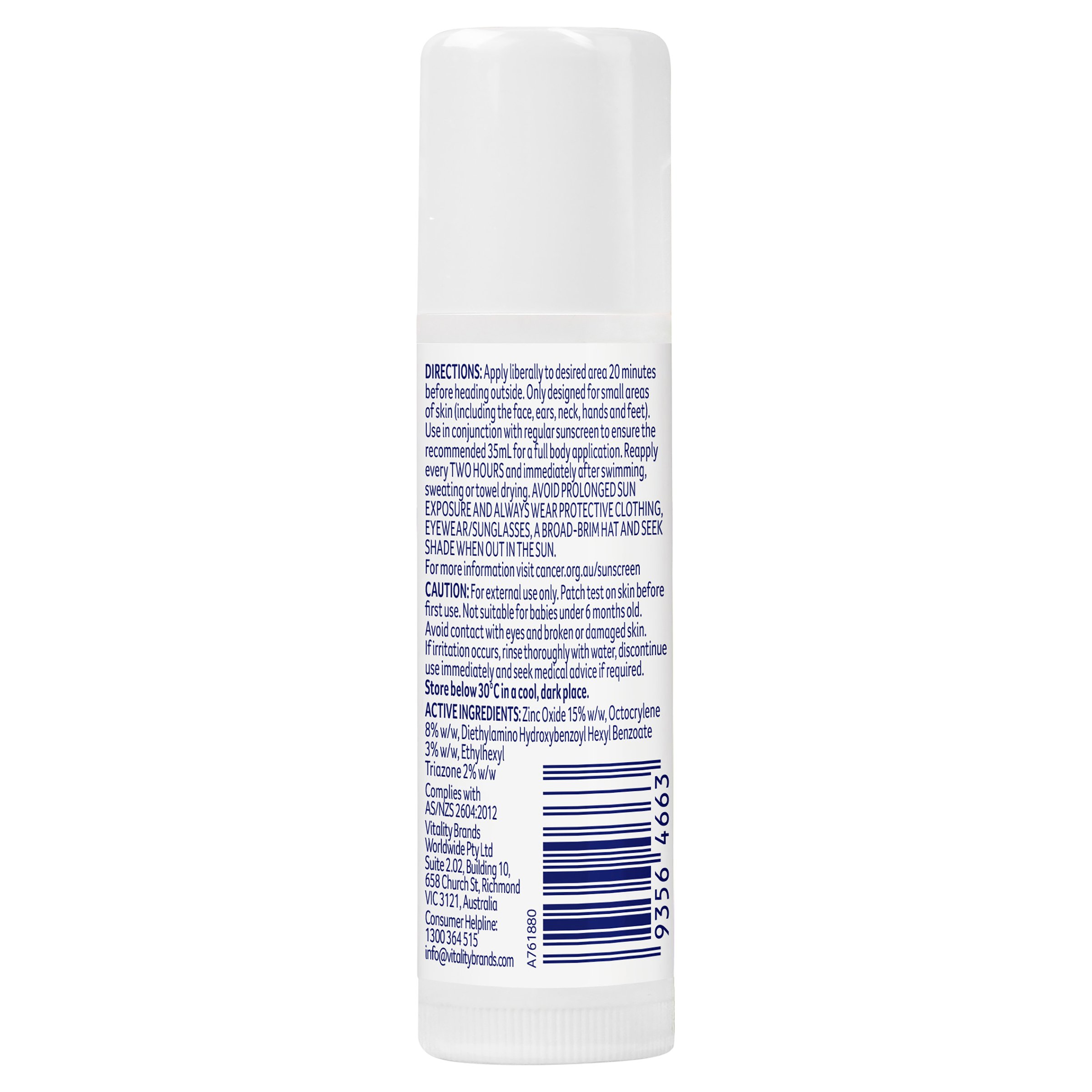Cancer Council Sport Zinc Sunscreen Stick White SPF50+ 12g - Image 2