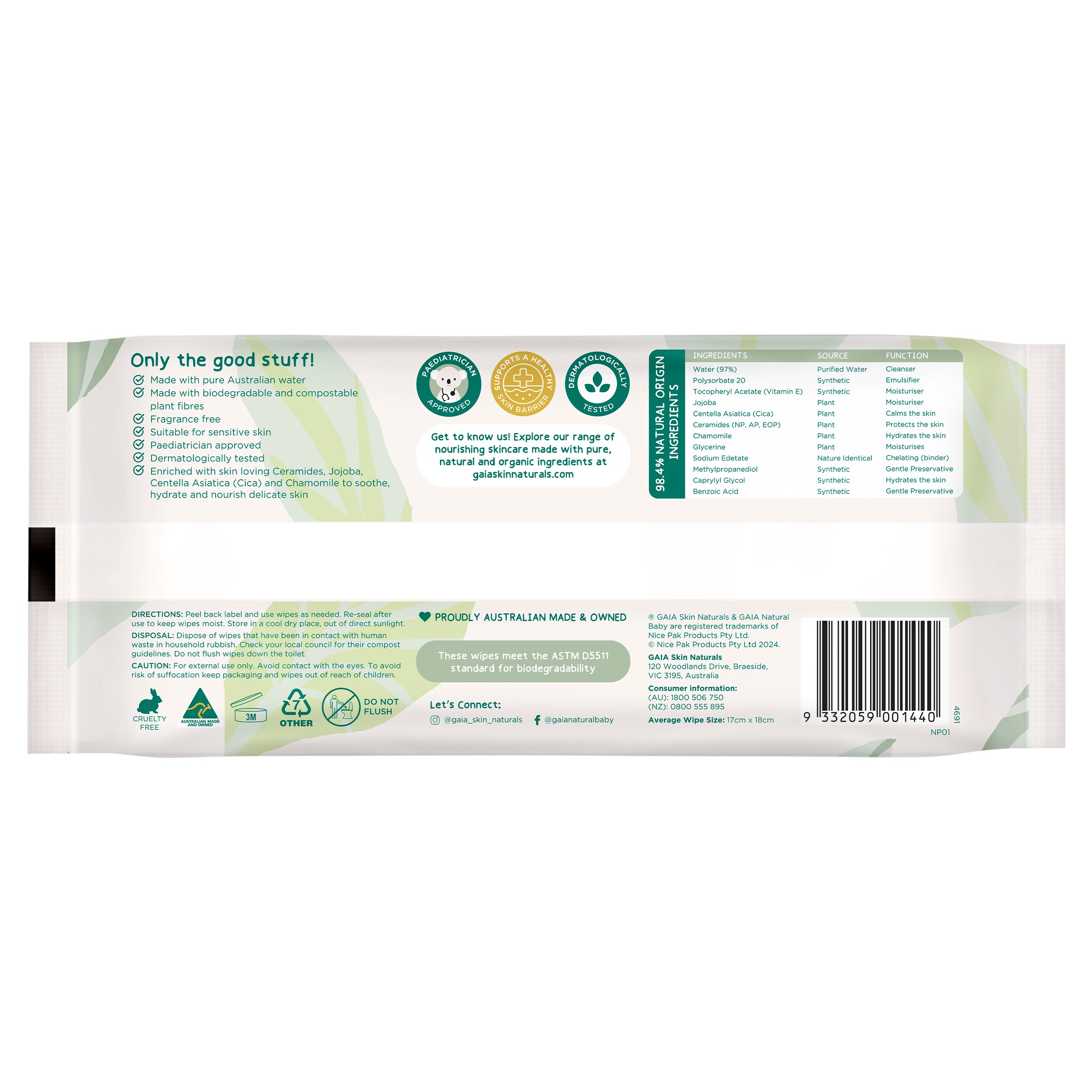Gaia Biodegradable Water Wipes 70 wipes - Image 2