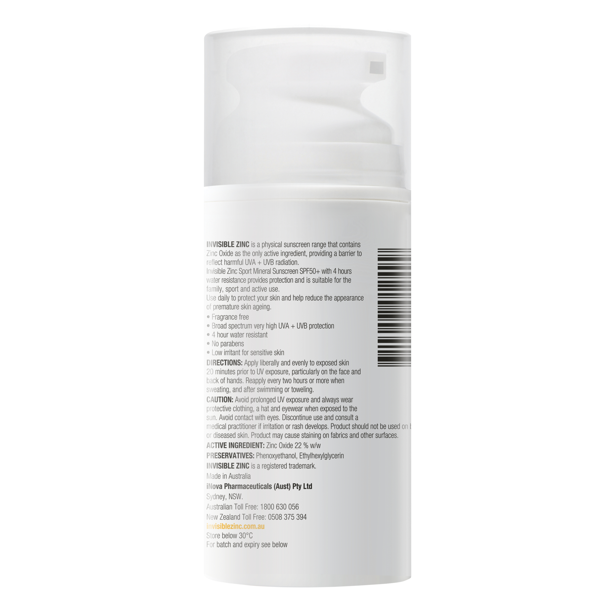 Invisible Zinc Sunscreen 4 Hour Water Resistant Sport SPF50+ - 100ml - Image 2