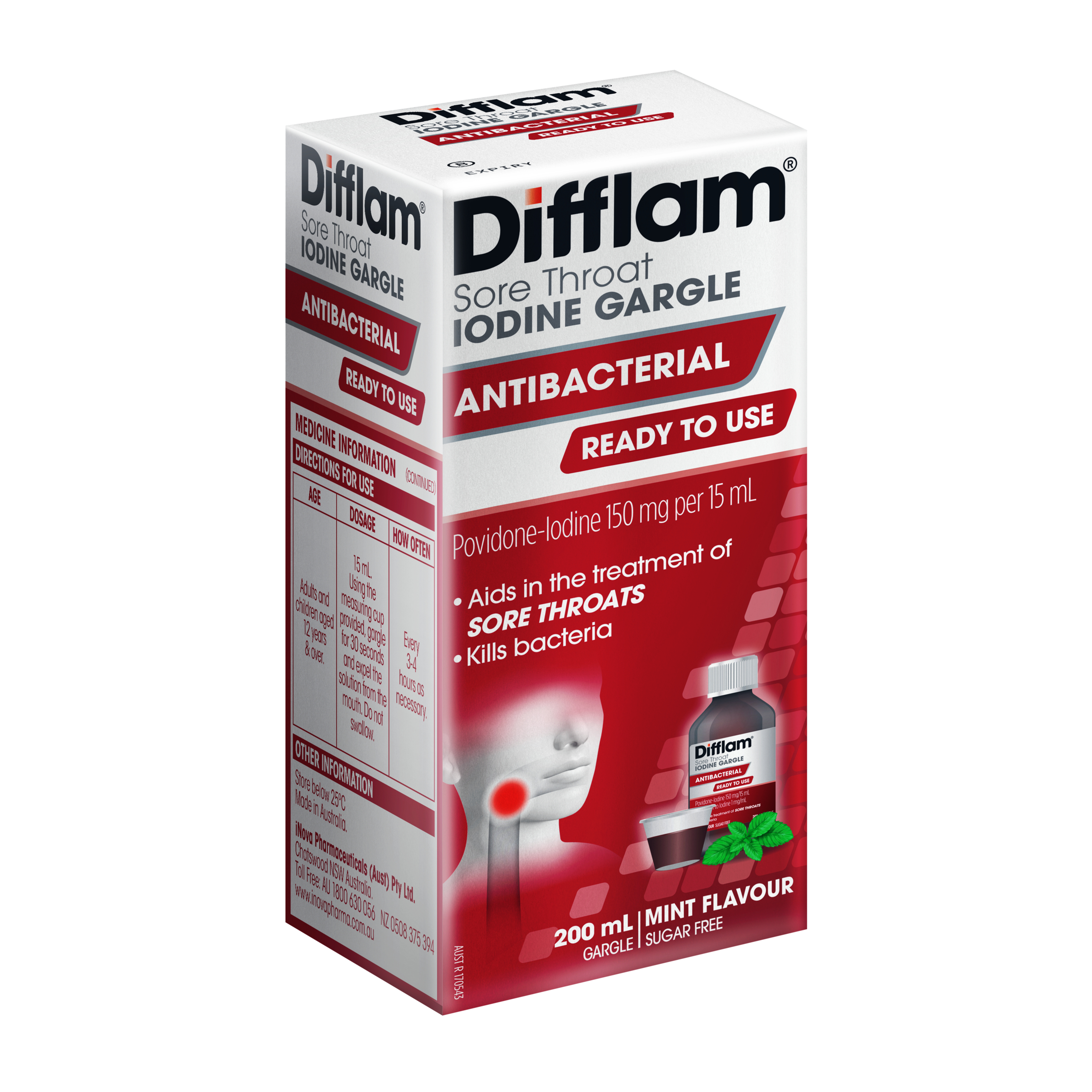 Difflam Ready to Use Sore Throat Iodine Gargle 200ml - Image 13