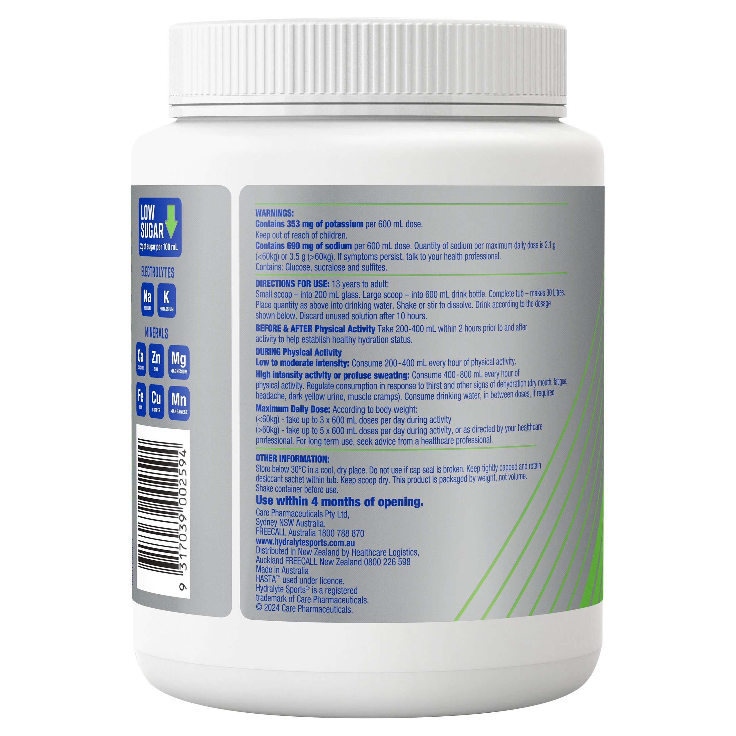 Hydralyte Plus Sports Lemon Lime Flavoured Powder Tub 900g - Image 2