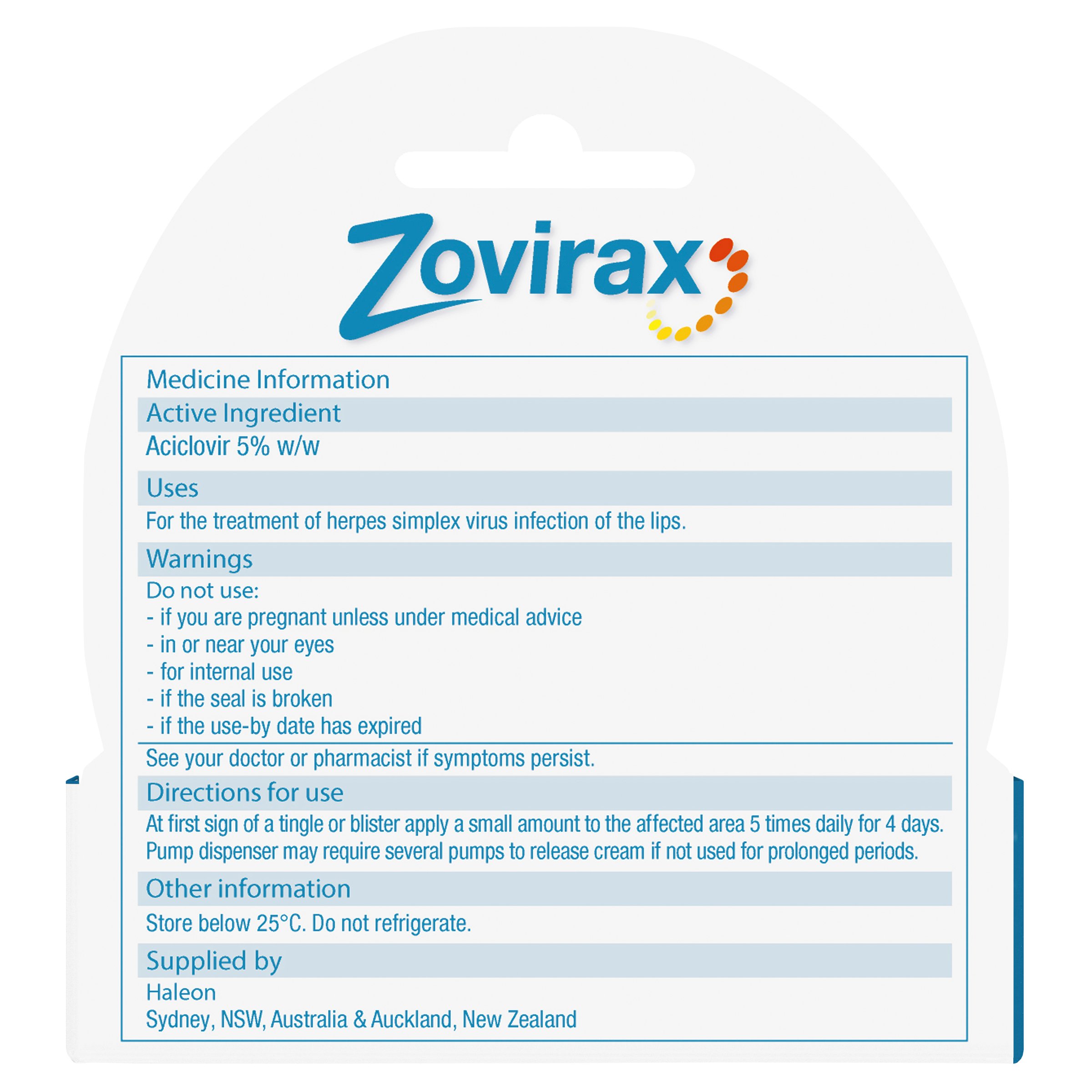 Zovirax Cold Sore Cream Pump 2g - Image 2