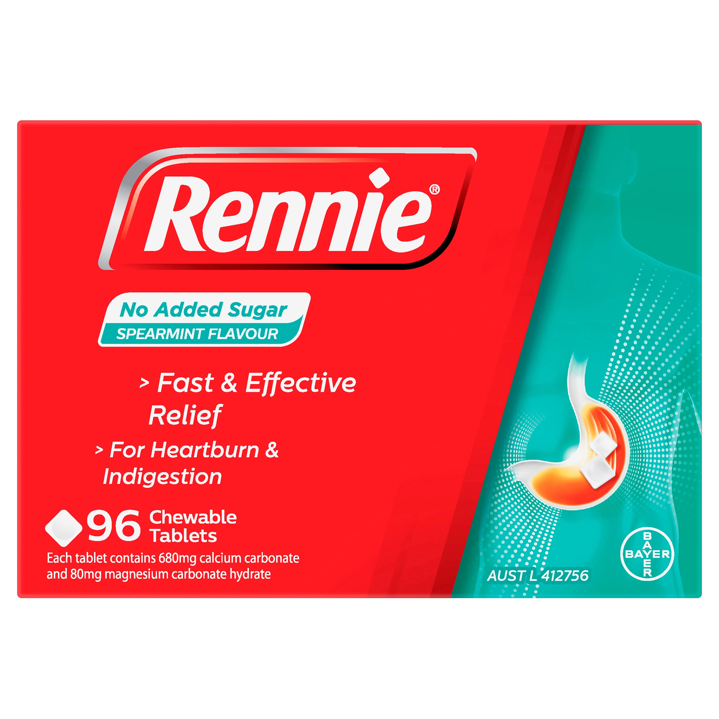 Rennie No Added Sugar Spearmint 96 chewable tablets - Image 2