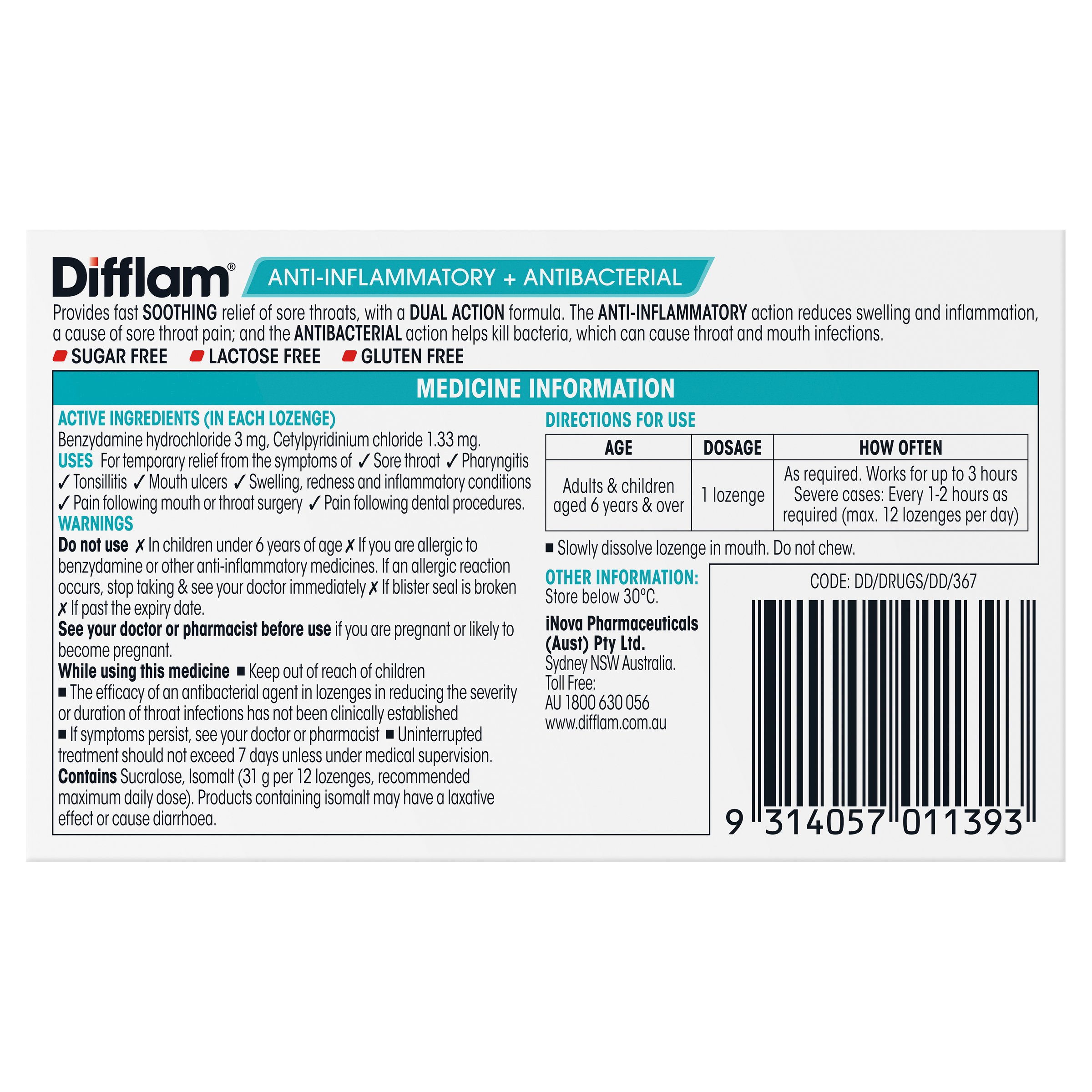 Difflam Sore Throat Raspberry Sugar Free 16 lozenges - Image 2