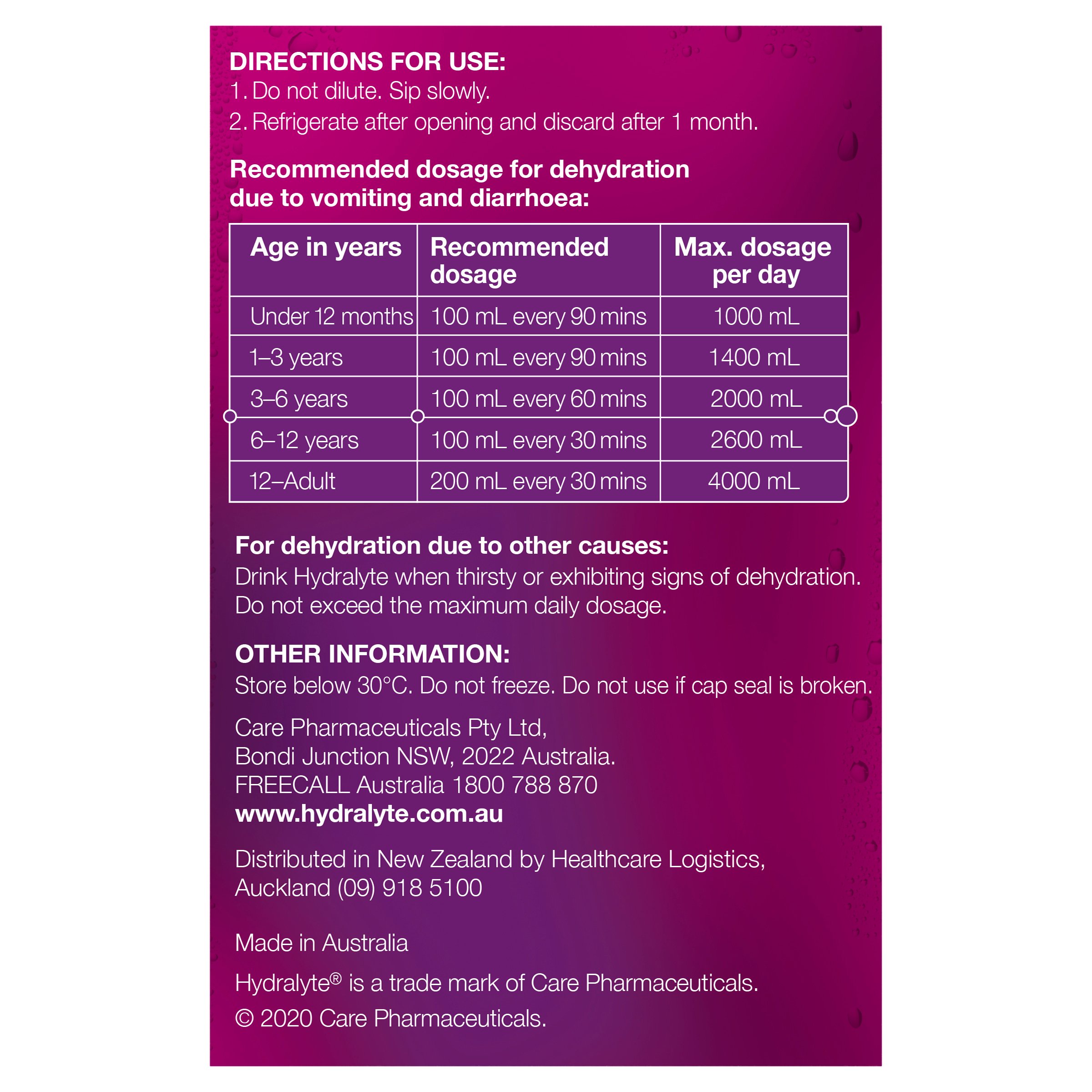 Hydralyte Ready to Use Liquid Apple/Blackcurrant Flavoured 250ml - 4 pack - Image 2