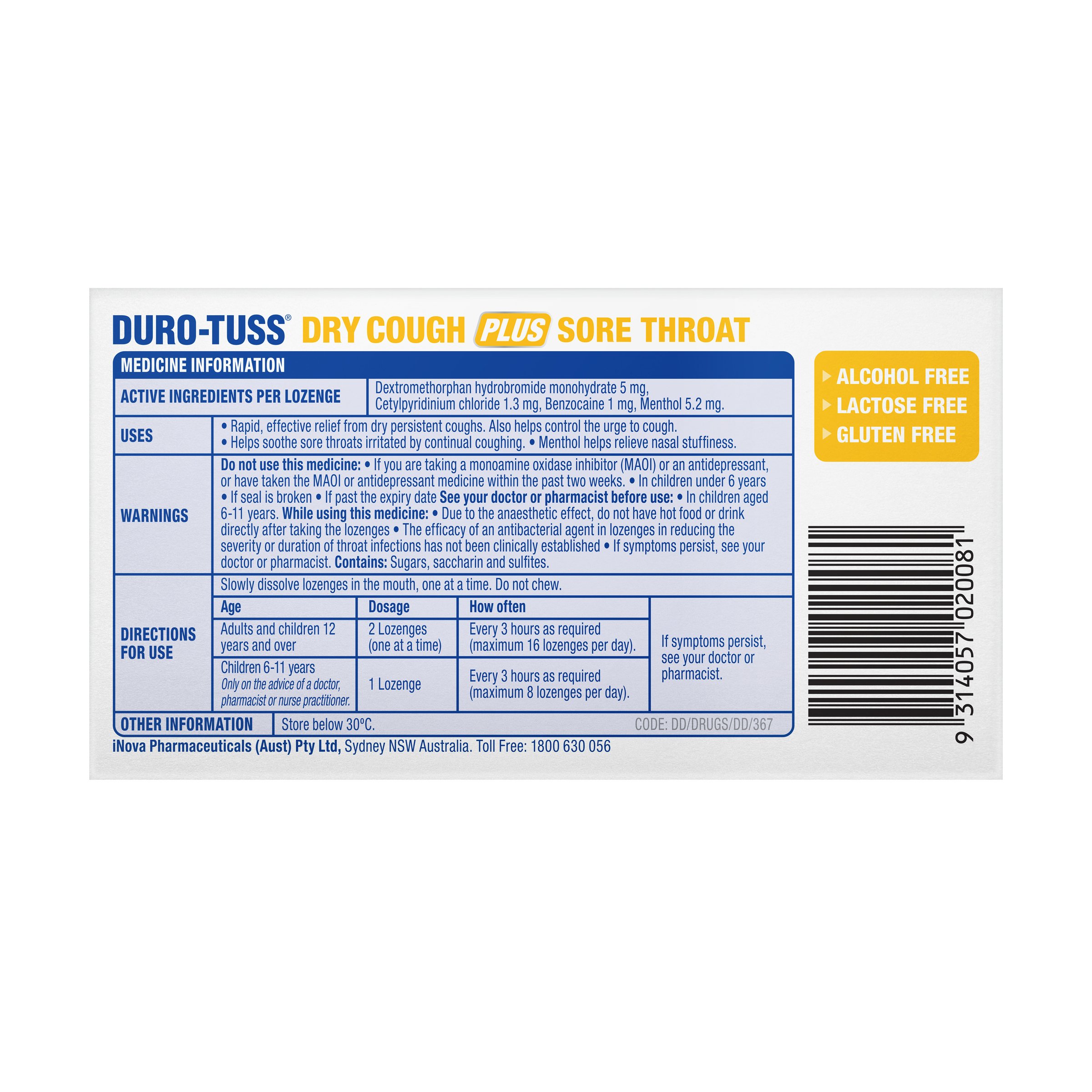 Duro-Tuss Dry Cough Plus Sore Throat Lemon Lozenges 32 tablet - Image 2