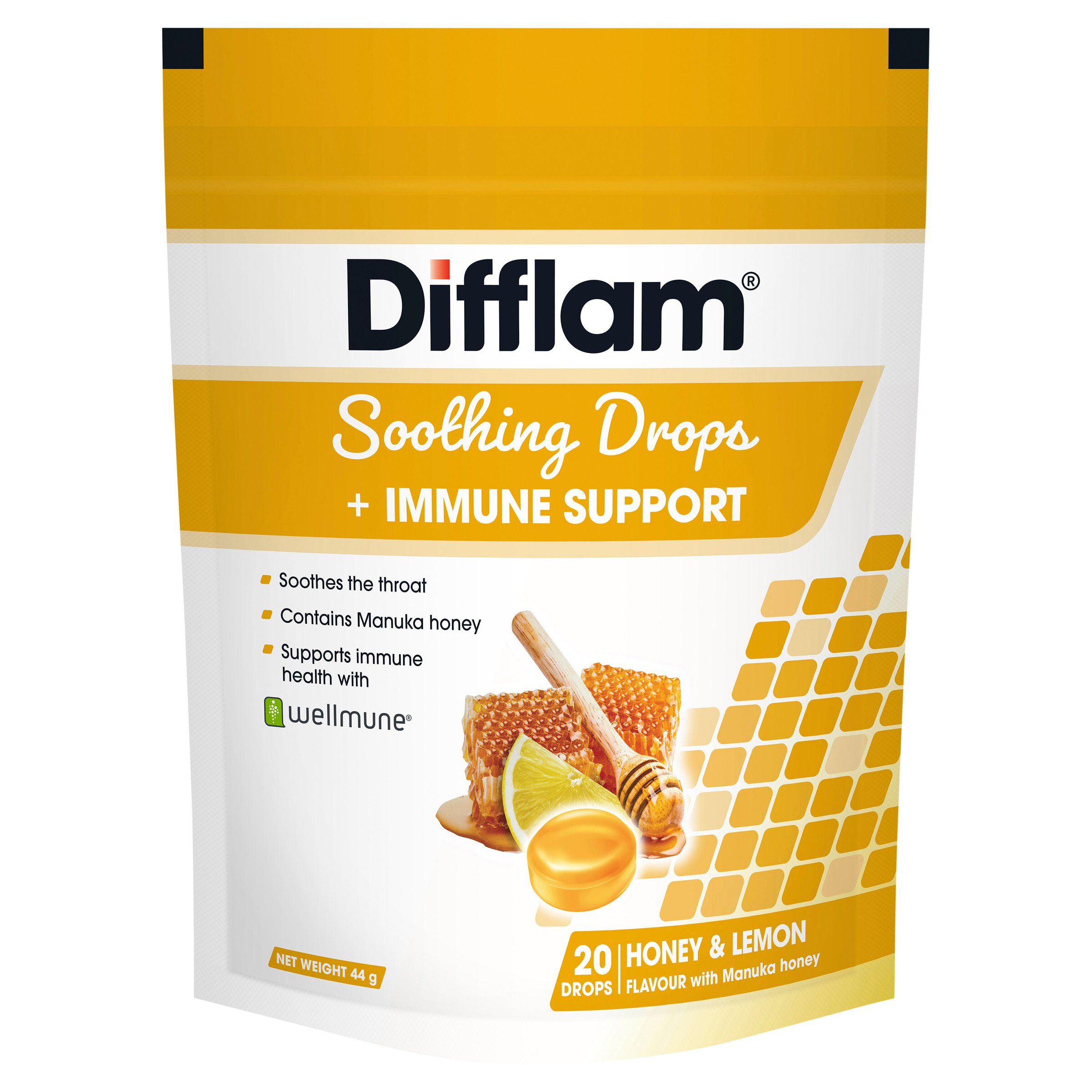 Difflam Soothing Drops + Immune Support Honey & Lemon 20 lozenges - Image 1