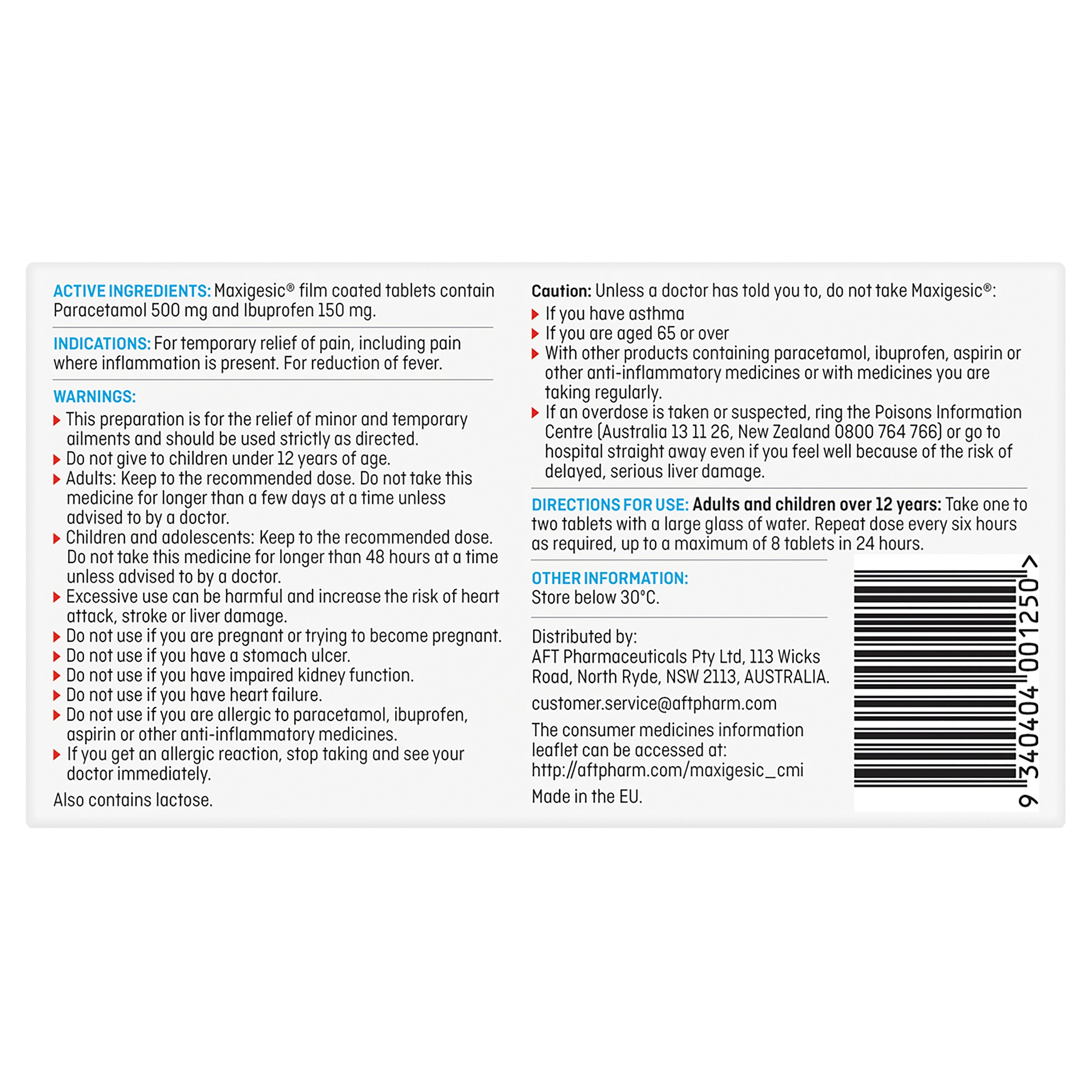 Maxigesic Paracetamol + Ibuprofen 150mg - 30 tablets - Image 2