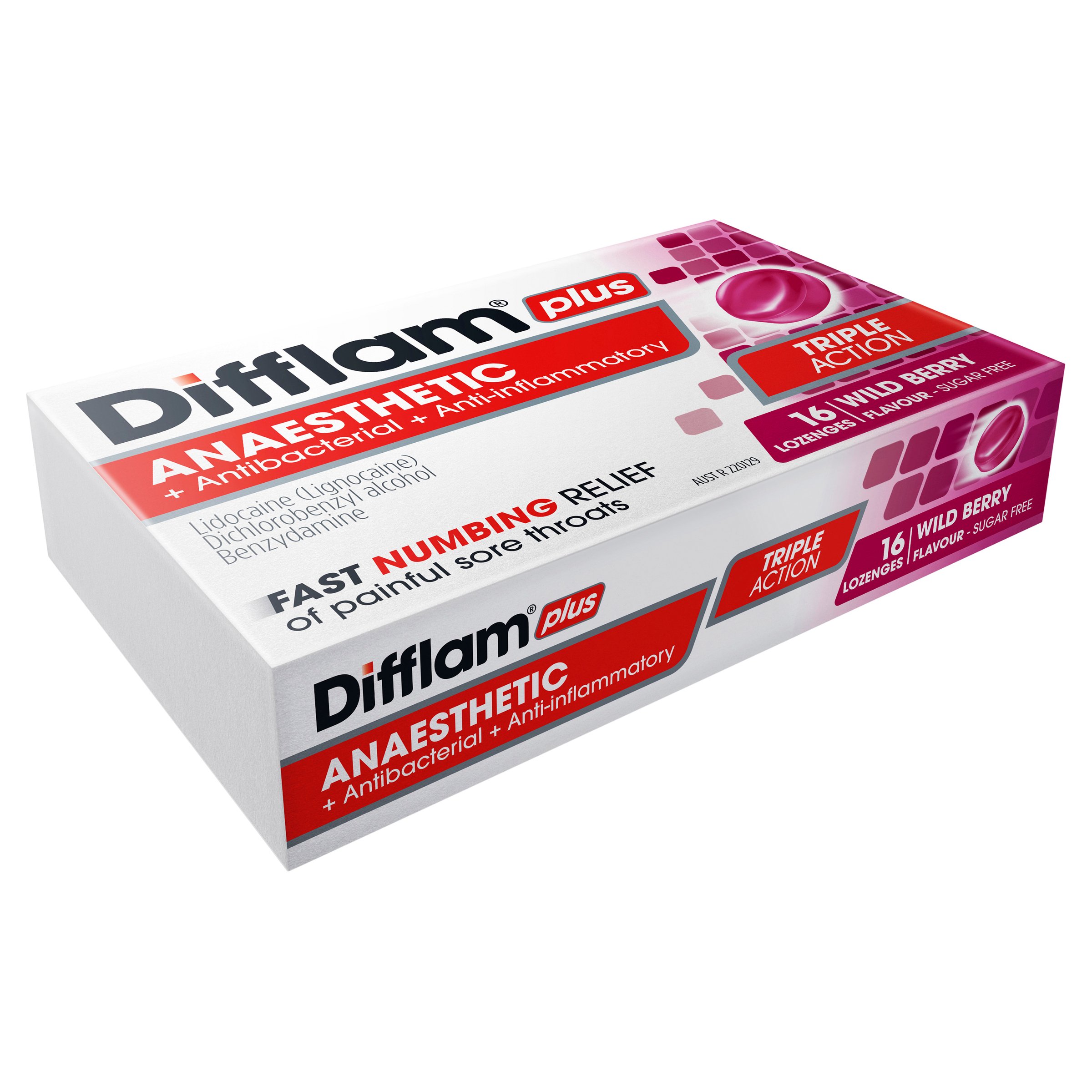 Difflam Plus Anaesthetic Triple Action Wild Berry 16 lozenges - Image 7