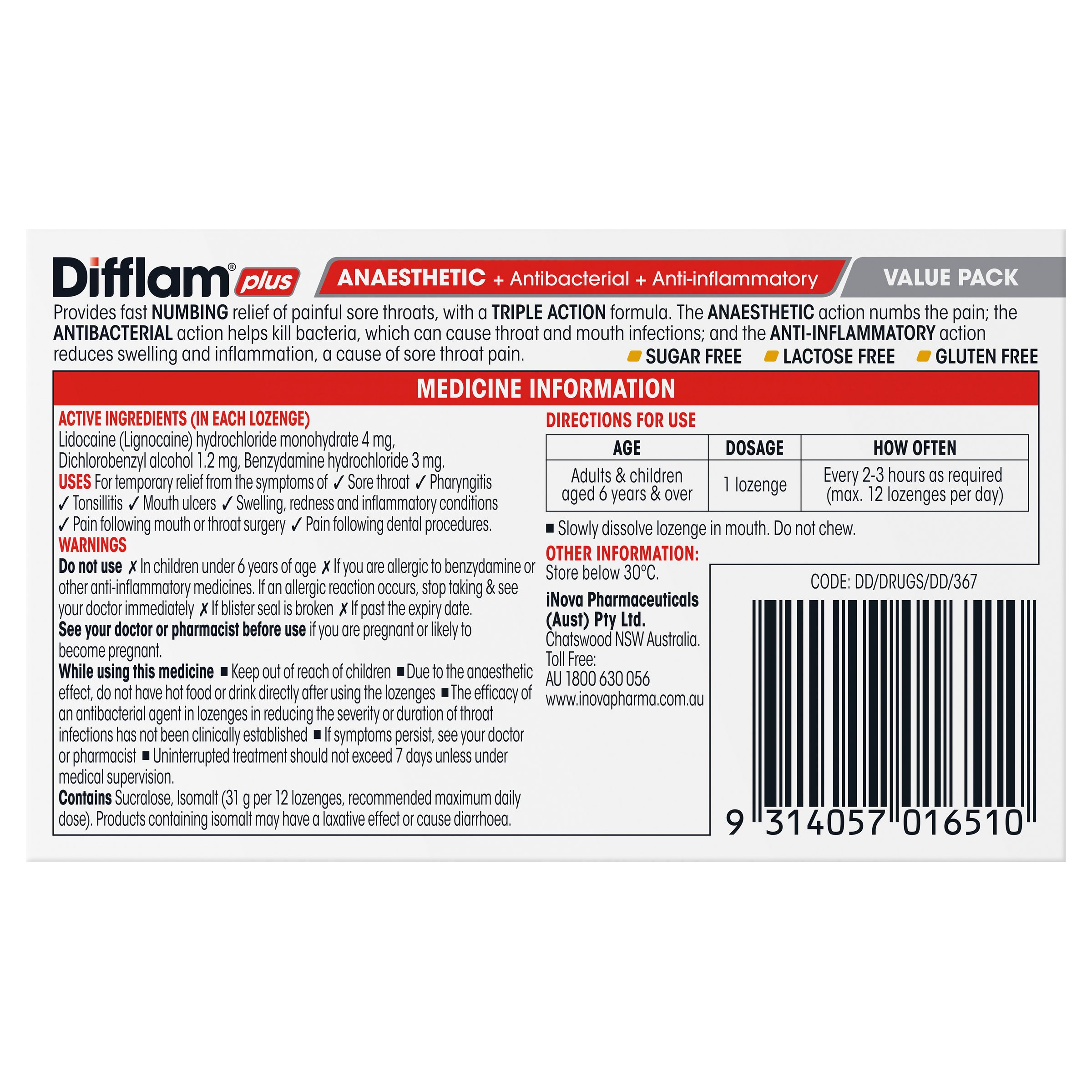 Difflam Plus Anaesthetic Triple Action Honey & Lemon 32 lozenges - Image 2
