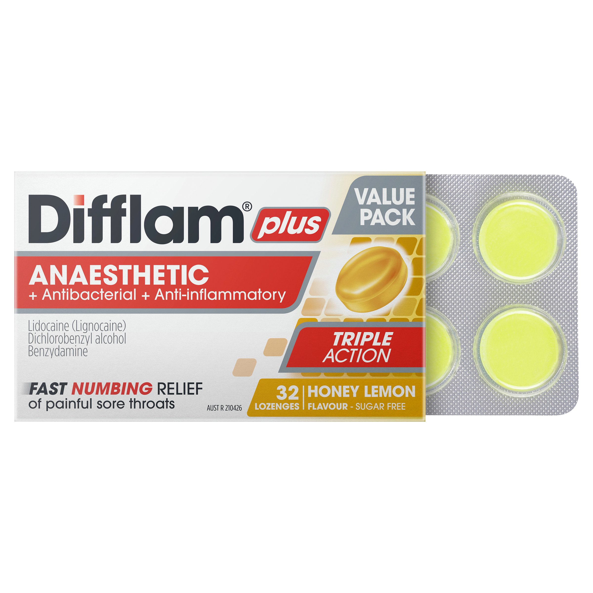 Difflam Plus Anaesthetic Triple Action Honey & Lemon 32 lozenges - Image 3