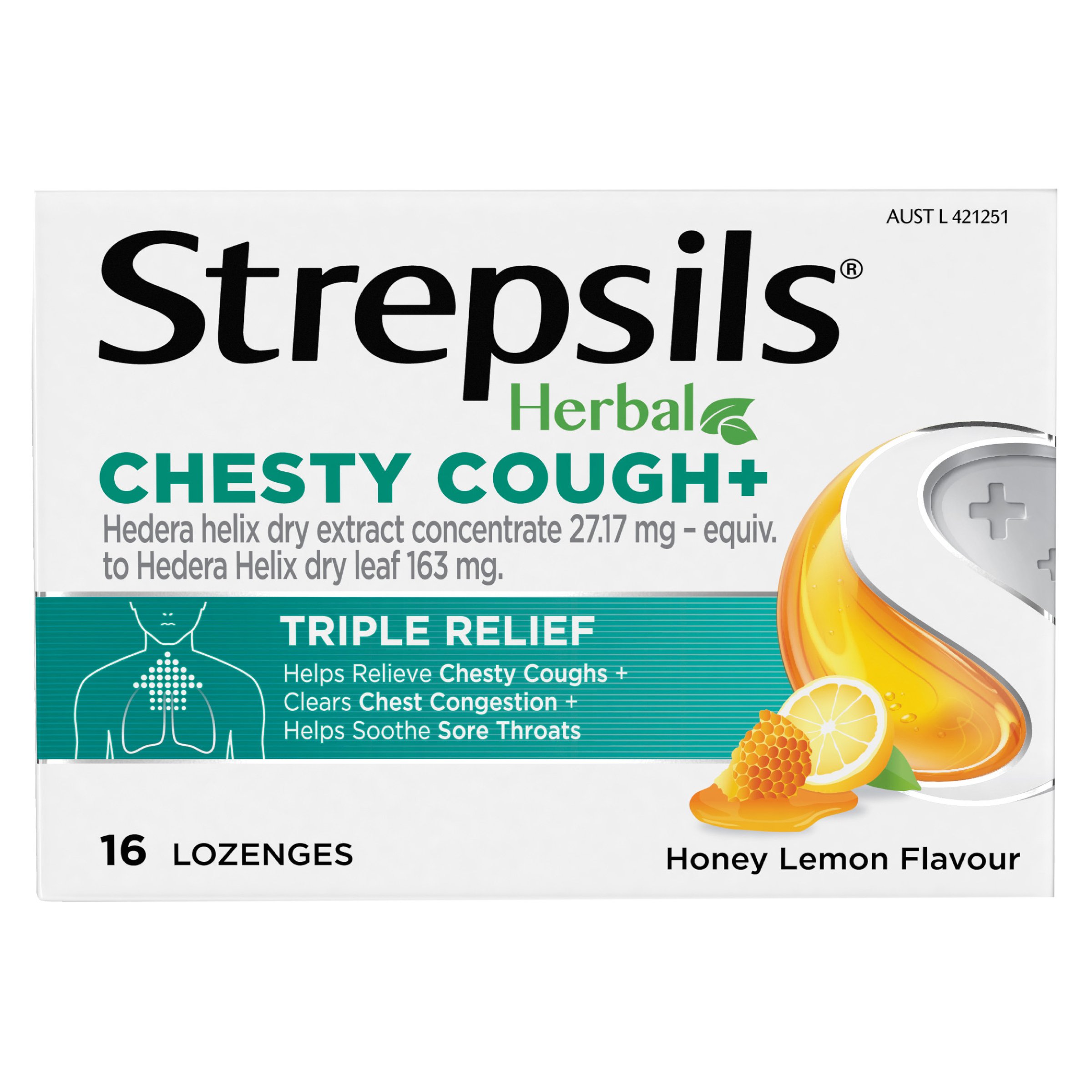 Strepsils Herbal Chesty Cough+ Honey Lemon 16 lozenges - Image 1