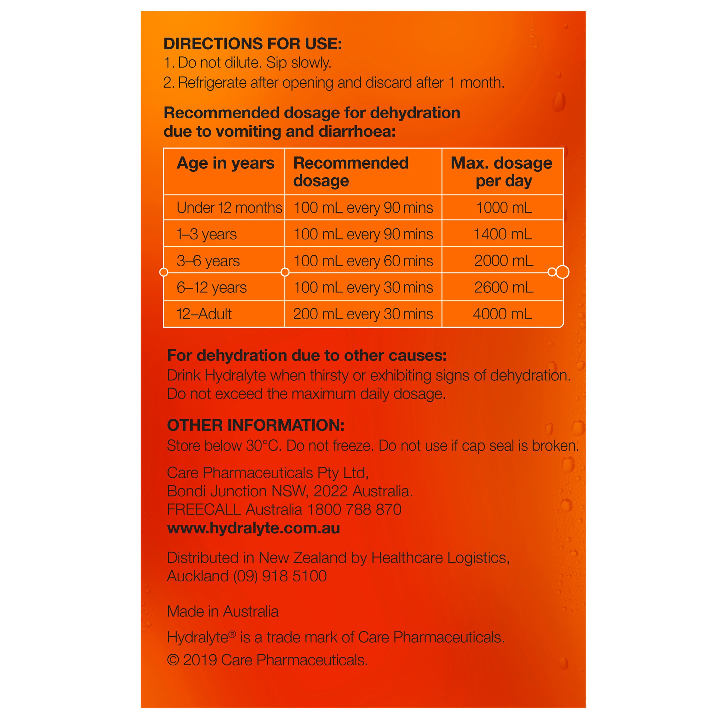 Hydralyte Ready to Use Liquid Orange Flavoured 250ml - 4 pack - Image 2