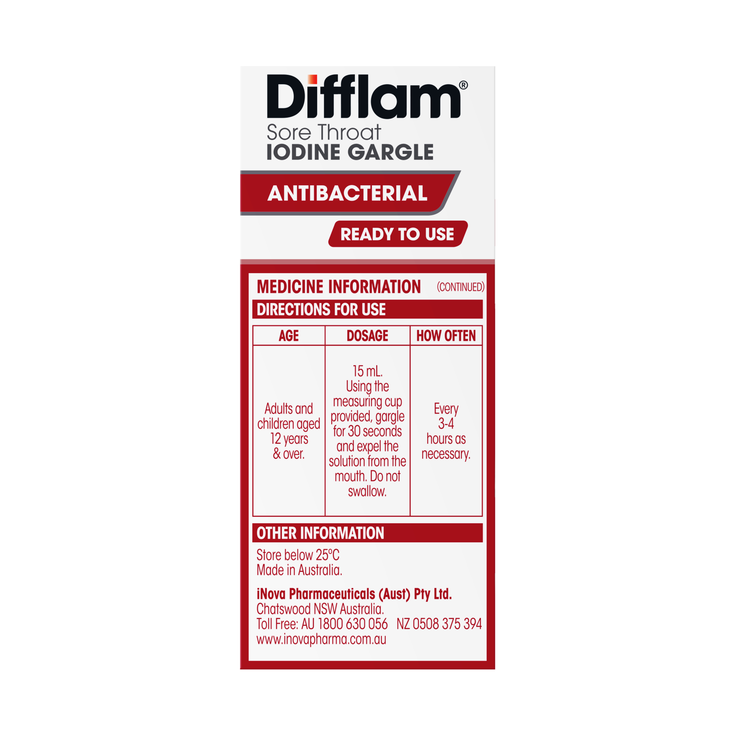 Difflam Ready to Use Sore Throat Iodine Gargle 200ml - Image 2